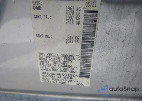 2021 Nissan Altima Sv Fwd из США, поврежденный, VIN 1N4BL4DV6MN391909